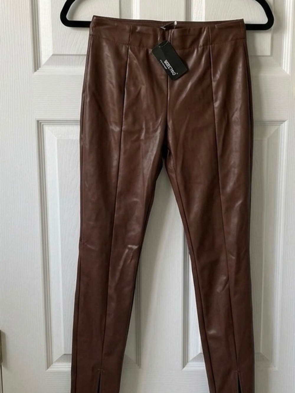 NWT Suzanne Betro Brown Leatherette Leggings Small High Rise Front Vent Hem Pan